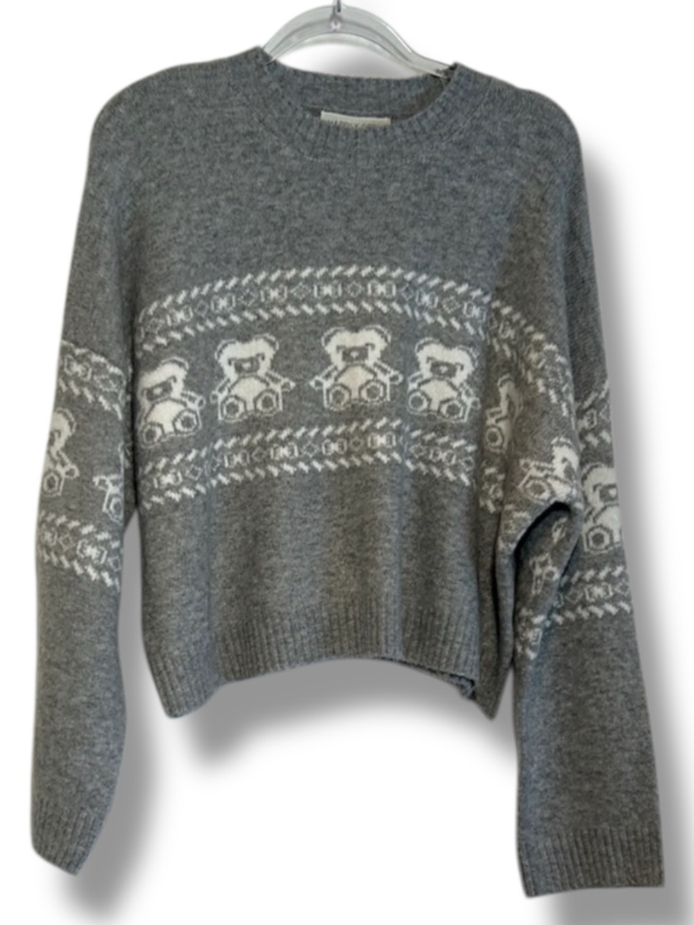 Happily Grey Sweater Teddy Bears White Crew Knit Jumper Womens Size Medium